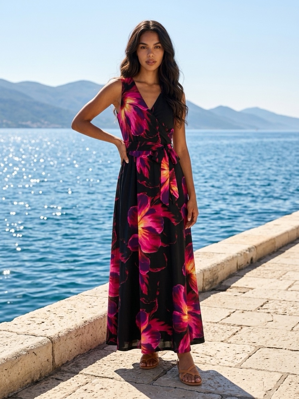 Preowned Jennifer Lopez Hot Pink and Black Maxi Dress Size 12